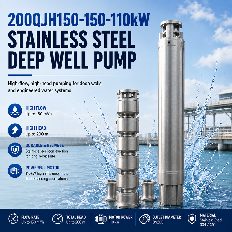 200QJH150-150-110kW স্টেইনলেস স্টীল গভীর কূপ পাম্প গভীর কূপ এবং ইঞ্জিনিয়ারিং জল সিস্টেমের জন্য উচ্চ প্রবাহ, উচ্চ মাথা পাম্পিং